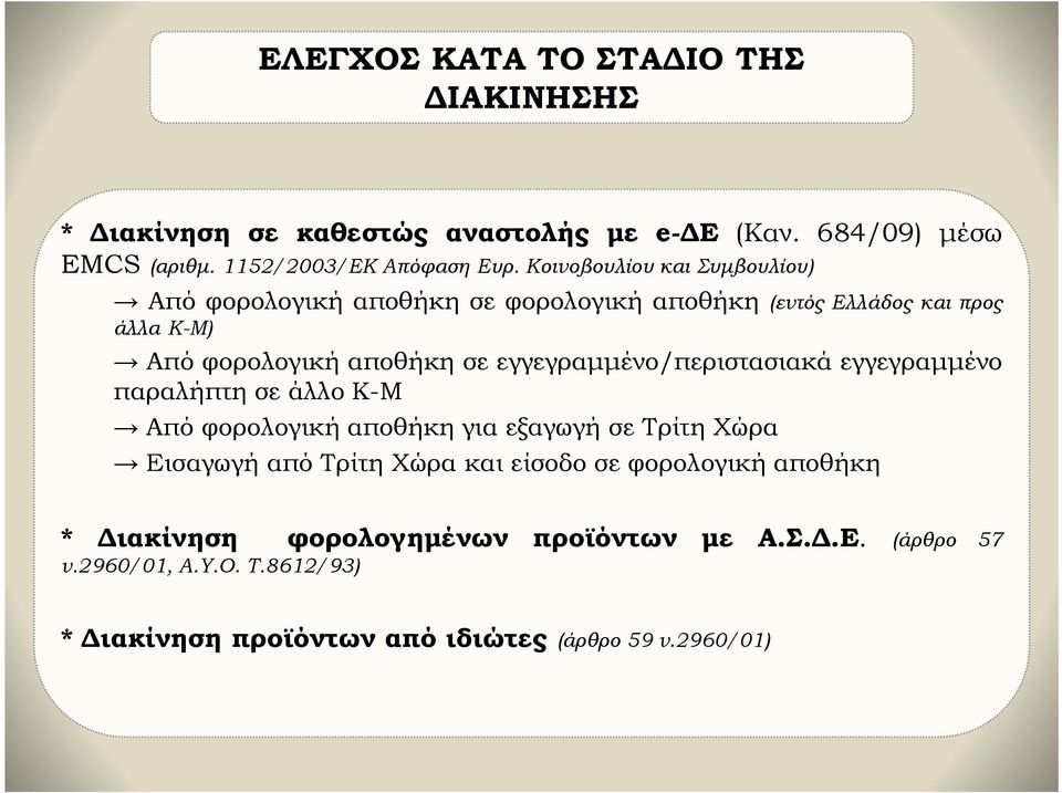 εγγεγραμμένο/περιστασιακά εγγεγραμμένο παραλήπτη σε άλλο Κ-Μ Από φορολογική αποθήκη για εξαγωγή σε Τρίτη Χώρα Εισαγωγή από Τρίτη Χώρα και είσοδο