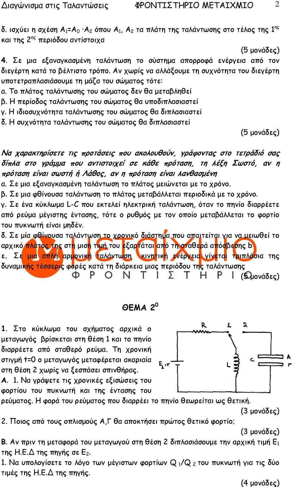 Το πλάτος ταλάντωσης του σώµατος δεν θα µεταβληθεί β. Η περίοδος ταλάντωσης του σώµατος θα υποδιπλασιαστεί γ. Η ιδιοσυχνότητα ταλάντωσης του σώµατος θα διπλασιαστεί δ.