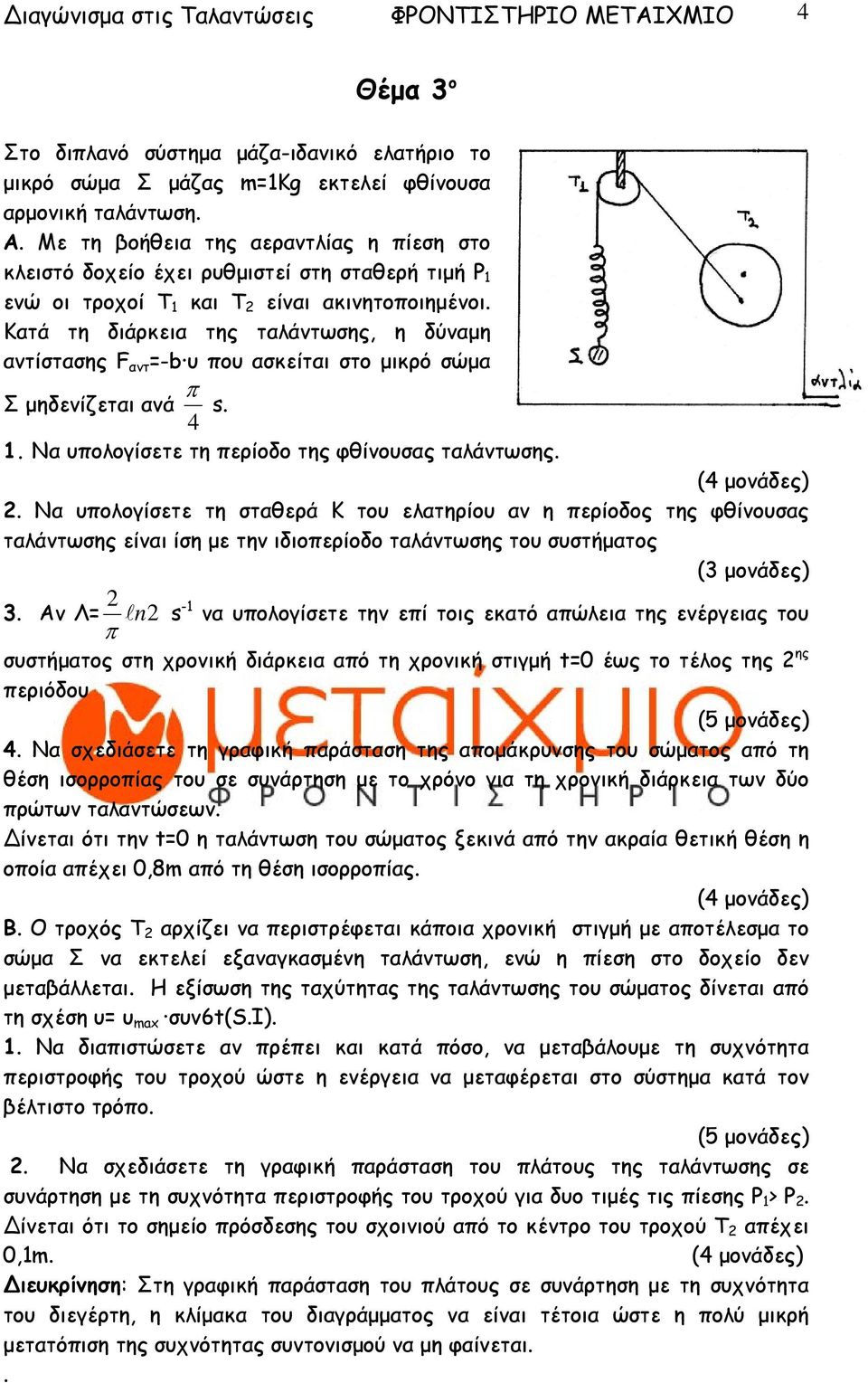 Κατά τη διάρκεια της ταλάντωσης, η δύναµη αντίστασης F αντ =-b υ που ασκείται στο µικρό σώµα Σ µηδενίζεται ανά 4 π s. 1. Να υπολογίσετε τη περίοδο της φθίνουσας ταλάντωσης.