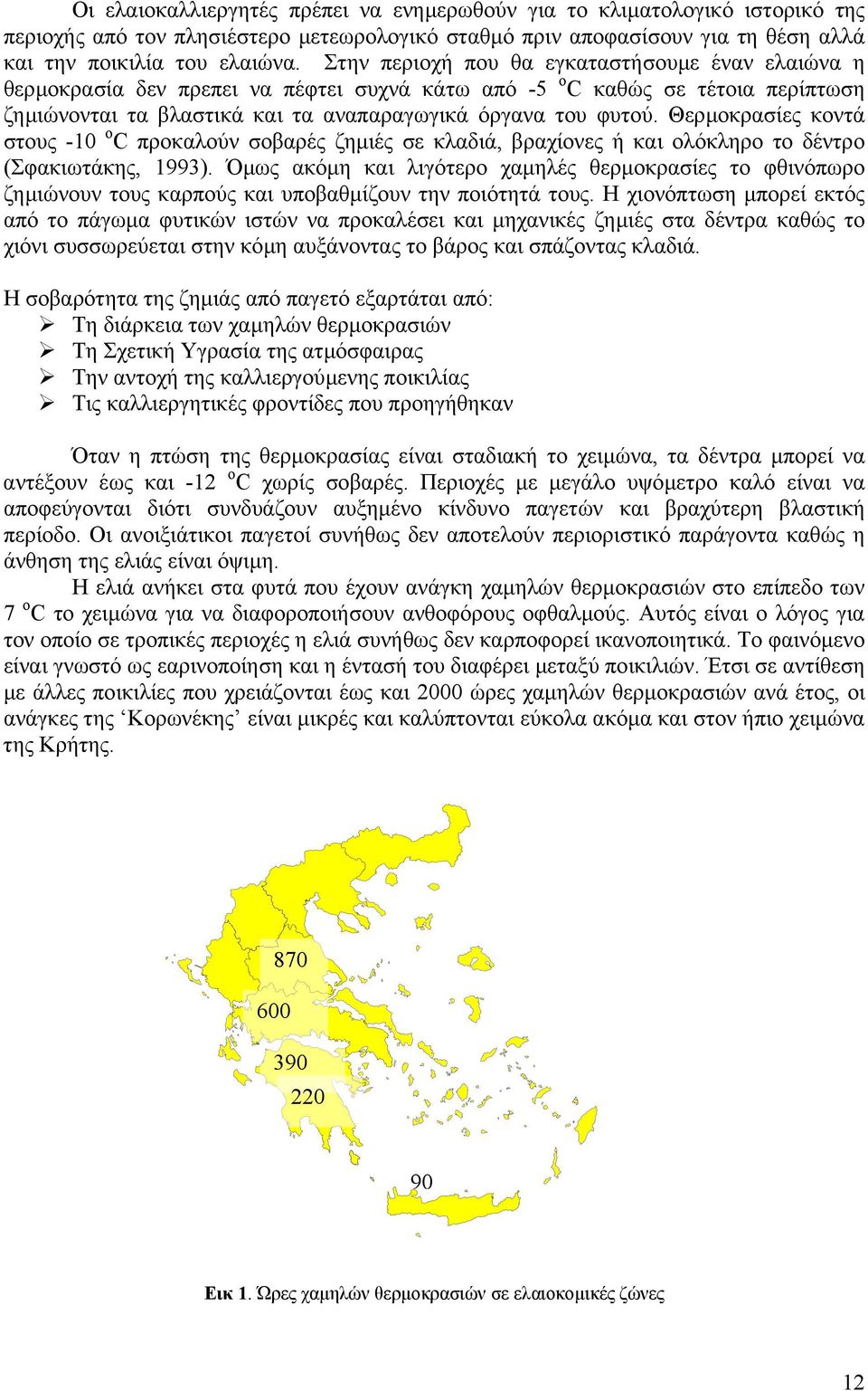 Θερµοκρασίες κοντά στους -10 ο C προκαλούν σοβαρές ζηµιές σε κλαδιά, βραχίονες ή και ολόκληρο το δέντρο (Σφακιωτάκης, 1993).