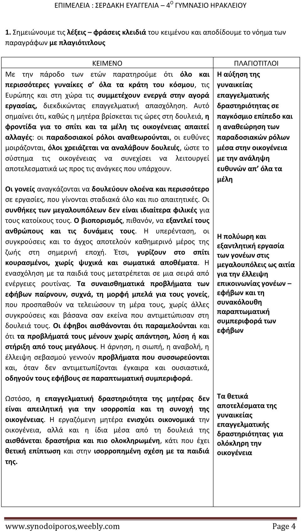 Αυτό σημαίνει ότι, καθώς η μητέρα βρίσκεται τις ώρες στη δουλειά, η φροντίδα για το σπίτι και τα μέλη τις οικογένειας απαιτεί αλλαγές: οι παραδοσιακοί ρόλοι αναθεωρούνται, οι ευθύνες μοιράζονται,