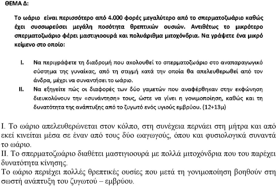 Το σπερματοζωάριο διαθέτει μαστιγιοουρά με πολλά μιτοχόνδρια που του παρέχει δυνατότητα κίνησης.