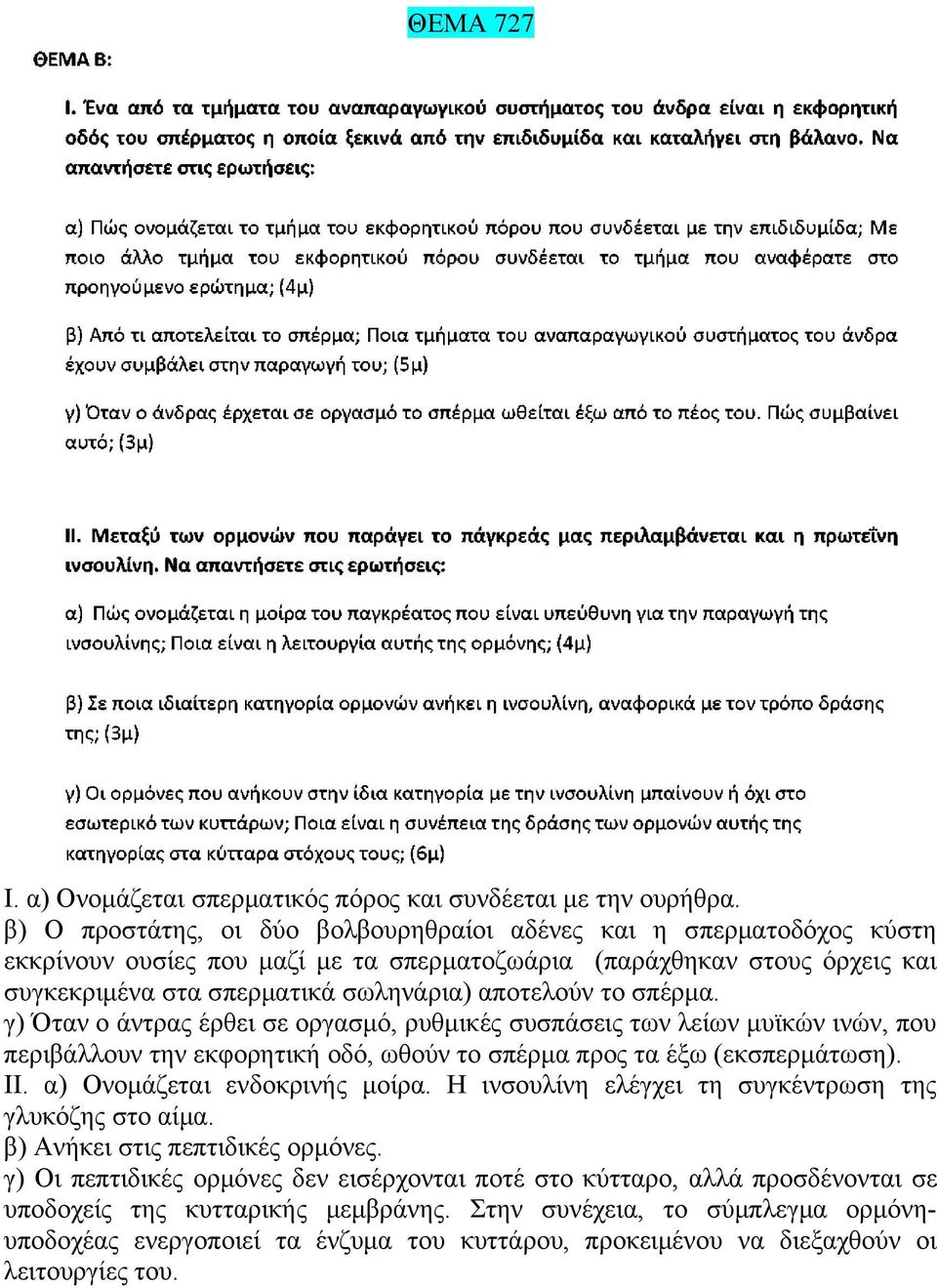 σπέρμα. γ) Όταν ο άντρας έρθει σε οργασμό, ρυθμικές συσπάσεις των λείων μυϊκών ινών, που περιβάλλουν την εκφορητική οδό, ωθούν το σπέρμα προς τα έξω (εκσπερμάτωση). ΙΙ. α) Ονομάζεται ενδοκρινής μοίρα.