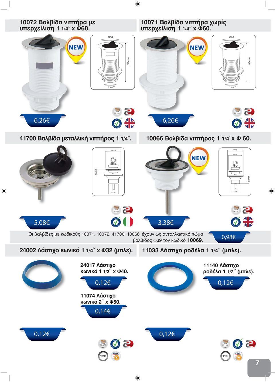 G 5/4 20 20 5,08 3,38 Οι βαλβίδες με κωδικούς 10071, 10072, 41700, 10066, έχουν ως ανταλλακτικό πώμα βαλβίδος Φ39 τον κωδικό 10069.