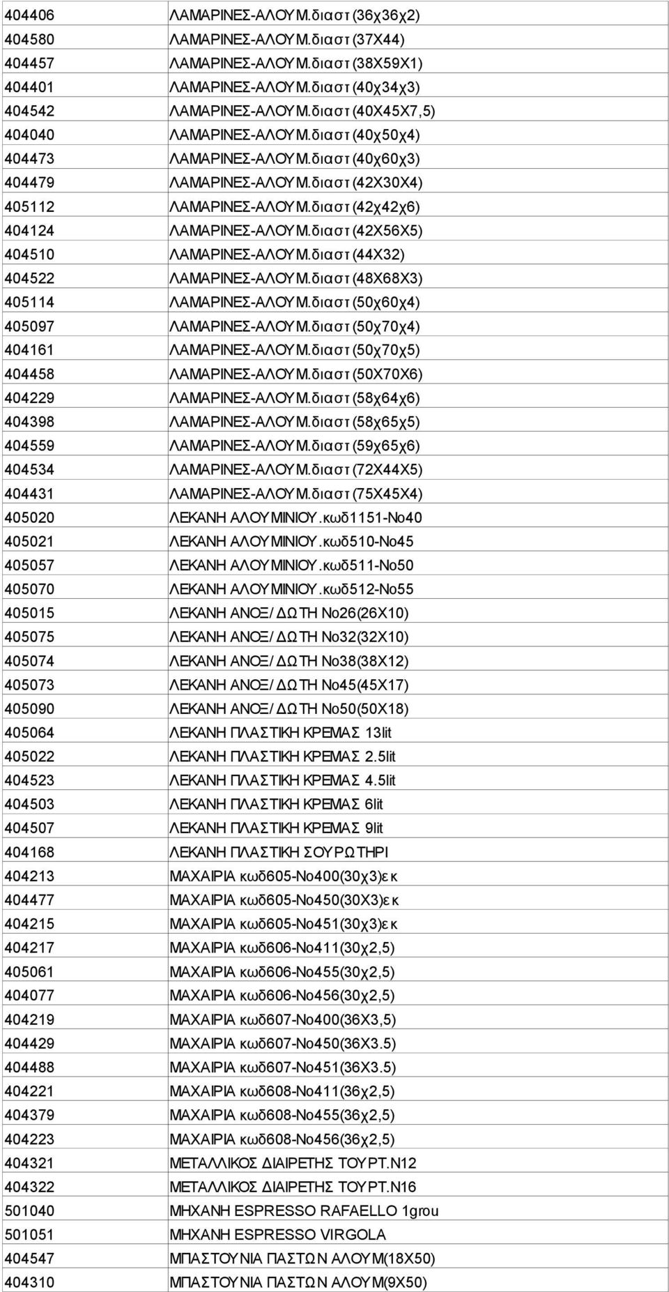 διαστ (42Χ56Χ5) 404510 ΛΑΜΑΡΙΝΕΣ-ΑΛΟΥΜ.διαστ (44Χ32) 404522 ΛΑΜΑΡΙΝΕΣ-ΑΛΟΥΜ.διαστ (48Χ68Χ3) 405114 ΛΑΜΑΡΙΝΕΣ-ΑΛΟΥΜ.διαστ (50χ60χ4) 405097 ΛΑΜΑΡΙΝΕΣ-ΑΛΟΥΜ.διαστ (50χ70χ4) 404161 ΛΑΜΑΡΙΝΕΣ-ΑΛΟΥΜ.