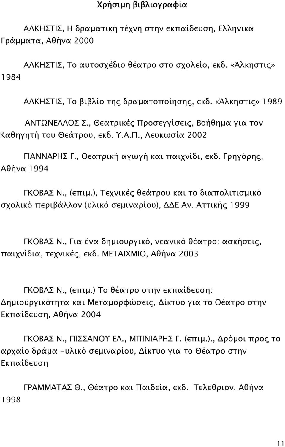 , Θεατρική αγωγή και παιχνίδι, εκδ. Γρηγόρης, Αθήνα 1994 ΓΚOΒΑΣ Ν., (επιμ.), Τεχνικές θεάτρου και το διαπολιτισμικό σχολικό περιβάλλον (υλικό σεμιναρίου), ΔΔΕ Αν. Αττικής 1999 ΓΚΟΒΑΣ Ν.