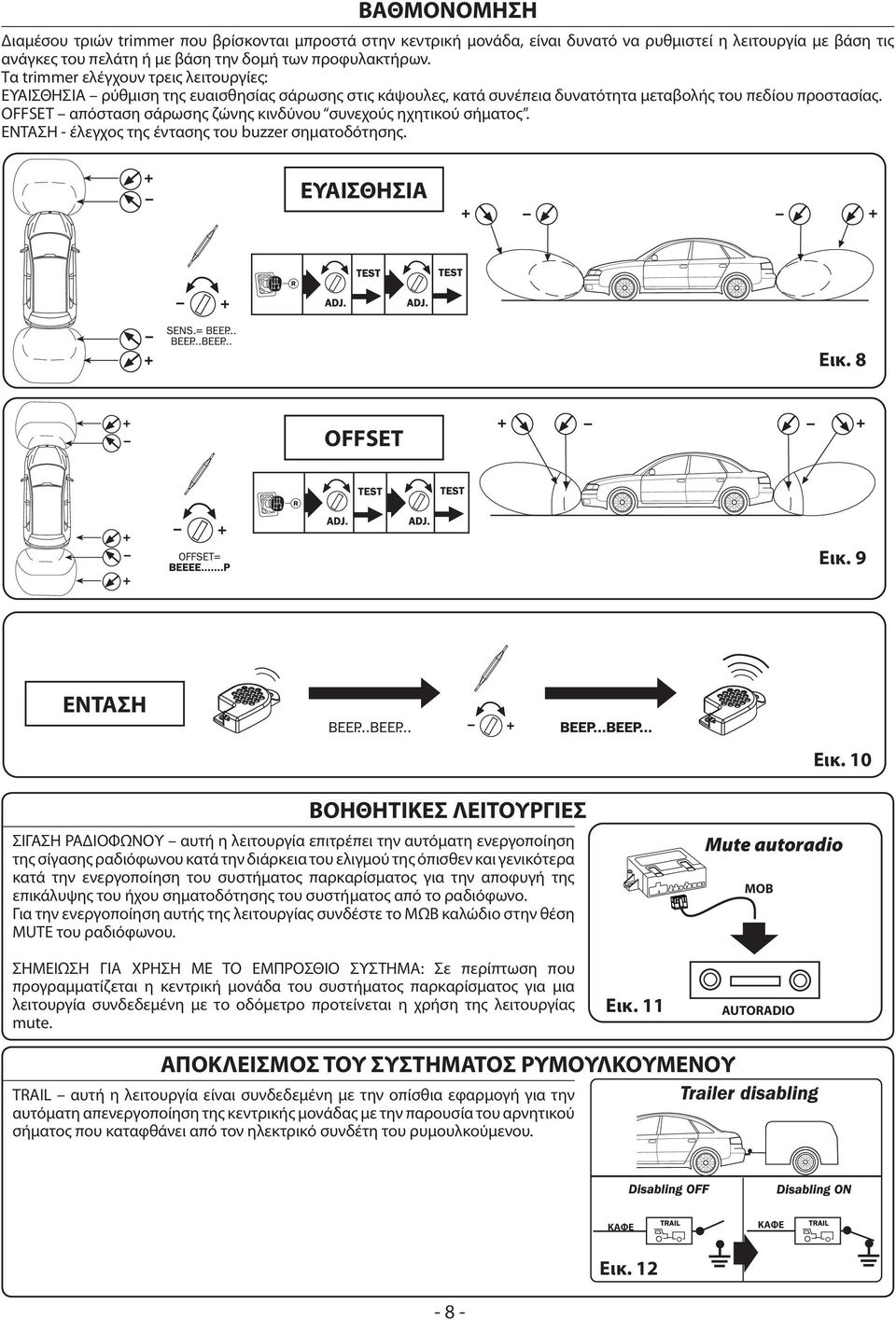 OFFSET απόσταση σάρωσης ζώνης κινδύνου συνεχούς ηχητικού σήματος. ΕΝΤΑΣΗ - έλεγχος της έντασης του buzzer σηματοδότησης. ΕΥΑΙΣΘΗΣΙΑ Εικ. 8 OFFSET Εικ. 9 ΕΝΤΑΣΗ Εικ.