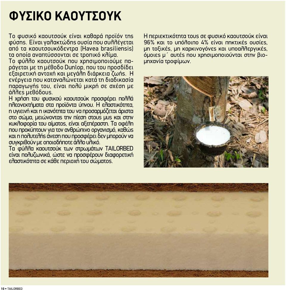Η ενέργεια που καταναλώνεται κατά τη διαδικασία παραγωγής του, είναι πολύ μικρή σε σχέση με άλλες μεθόδους. Η χρήση του φυσικού καουτσούκ προσφέρει πολλά πλεονεκτήματα στα προϊόντα ύπνου.