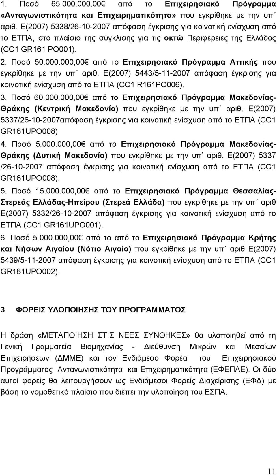 000,00 από το Επιχειρησιακό Πρόγραµµα Αττικής που εγκρίθηκε µε την υπ αριθ. Ε(2007) 5443/5-11-2007 απόφαση έγκρισης για κοινοτική ενίσχυση από το ΕΤΠΑ (CC1 R161PO006). 3. Ποσό 60.000.000,00 από το Επιχειρησιακό Πρόγραµµα Μακεδονίας- Θράκης (Κεντρική Μακεδονία) που εγκρίθηκε µε την υπ αριθ.