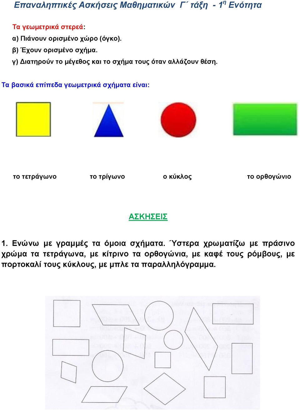 Τα βασικά επίπεδα γεωμετρικά σχήματα είναι: το τετράγωνο το τρίγωνο ο κύκλος το ορθογώνιο ΑΣΚΗΣΕΙΣ 1.