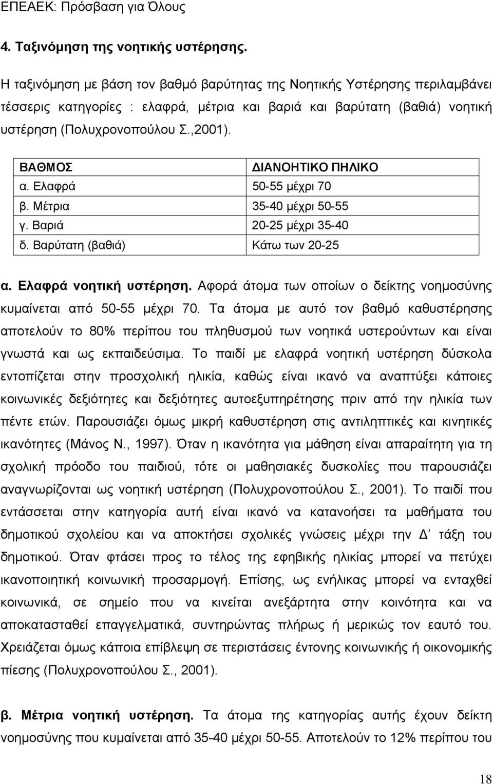 ΒΑΘΜΟΣ ΔΙΑΝΟΗΤΙΚΟ ΠΗΛΙΚΟ α. Ελαφρά 50-55 μέχρι 70 β. Μέτρια 35-40 μέχρι 50-55 γ. Βαριά 20-25 μέχρι 35-40 δ. Βαρύτατη (βαθιά) Κάτω των 20-25 α. Ελαφρά νοητική υστέρηση.