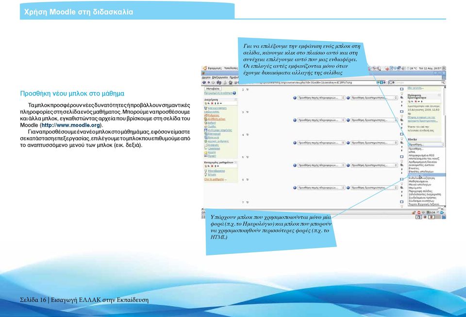 μαθήματος. Μπορούμε να προσθέσουμε και άλλα μπλοκ, εγκαθιστώντας αρχεία που βρίσκουμε στη σελίδα του Μοodle (http://www.moodle.org).