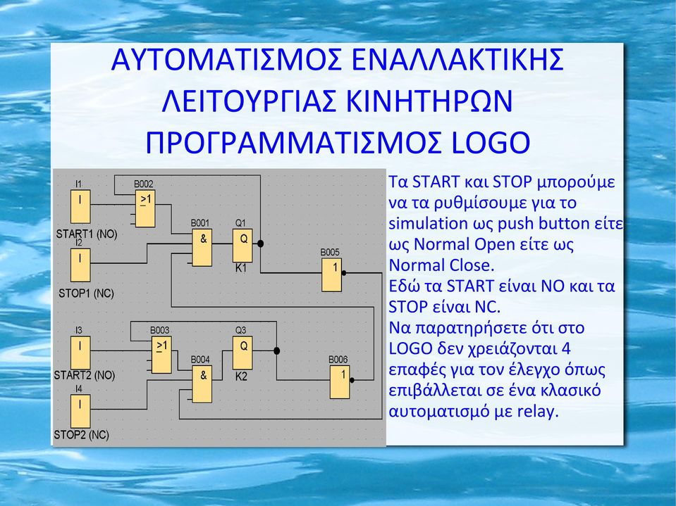 Normal Close. Εδώ τα START είναι NO και τα STOP είναι NC.