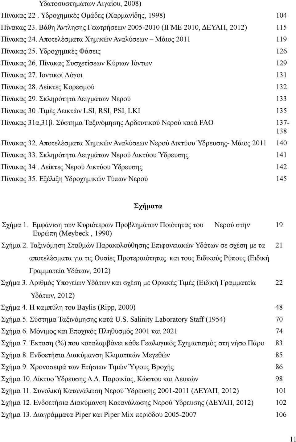 Δείκτες Κορεσμού 132 Πίνακας 29. Σκληρότητα Δειγμάτων Νερού 133 Πίνακας 3.Τιμές Δεικτών LSI, RSI, PSI, LKI 135 Πίνακας 31α,31β. Σύστημα Ταξινόμησης Αρδευτικού Νερού κατά FAO 137138 Πίνακας 32.