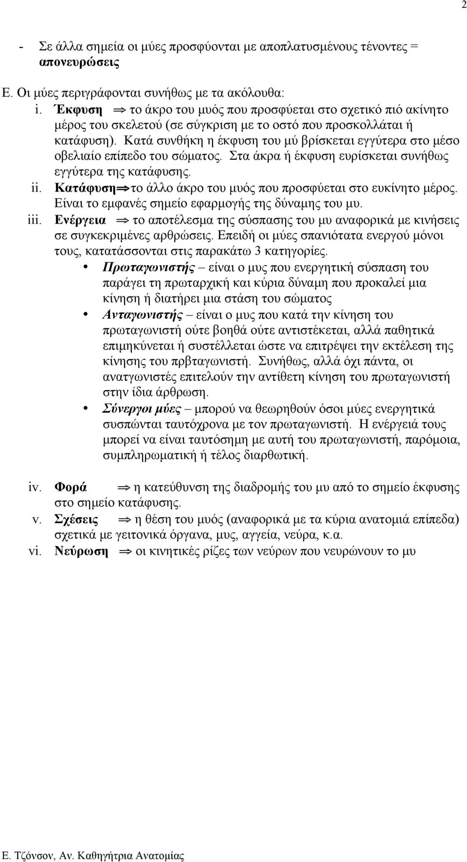 Κατά συνθήκη η έκφυση του µύ βρίσκεται εγγύτερα στο µέσο οβελιαίο επίπεδο του σώµατος. Στα άκρα ή έκφυση ευρίσκεται συνήθως εγγύτερα της κατάφυσης. ii.