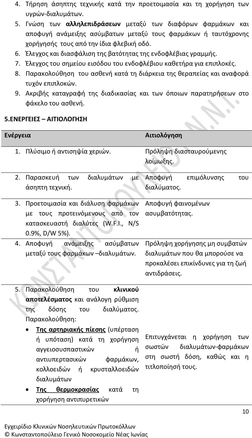 Έλεγχος και διασφάλιση της βατότητας της ενδοφλέβιας γραμμής. 7. Έλεγχος του σημείου εισόδου του ενδοφλέβιου καθετήρα για επιπλοκές. 8.