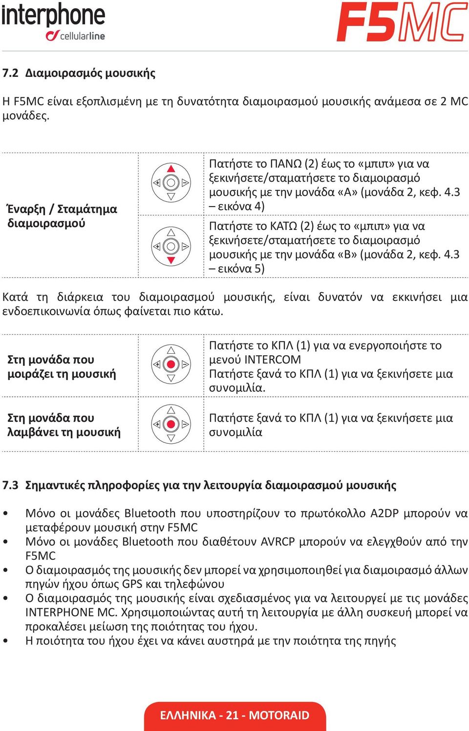 3 εικόνα 4) Πατήστε το ΚΑΤΩ (2) έως το «μπιπ» για να ξεκινήσετε/σταματήσετε το διαμοιρασμό μουσικής με την μονάδα «Β» (μονάδα 2, κεφ. 4.3 εικόνα 5) Κατά τη διάρκεια του διαμοιρασμού μουσικής, είναι δυνατόν να εκκινήσει μια ενδοεπικοινωνία όπως φαίνεται πιο κάτω.