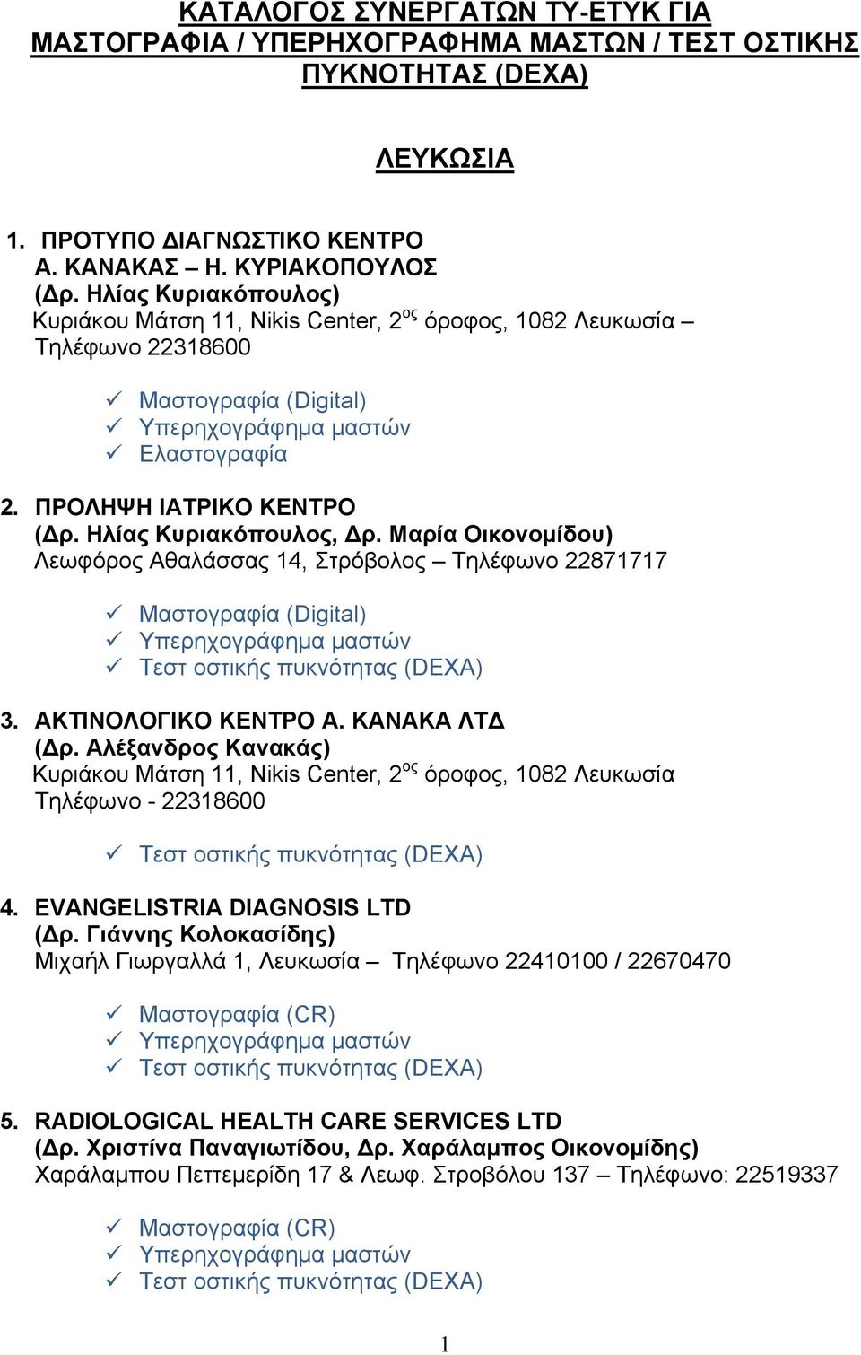 Μαρία Οικονομίδου) Λεωφόρος Αθαλάσσας 14, Στρόβολος Τηλέφωνο 22871717 3. ΑΚΤΙΝΟΛΟΓΙΚΟ ΚΕΝΤΡΟ Α. ΚΑΝΑΚΑ ΛΤ ( ρ.