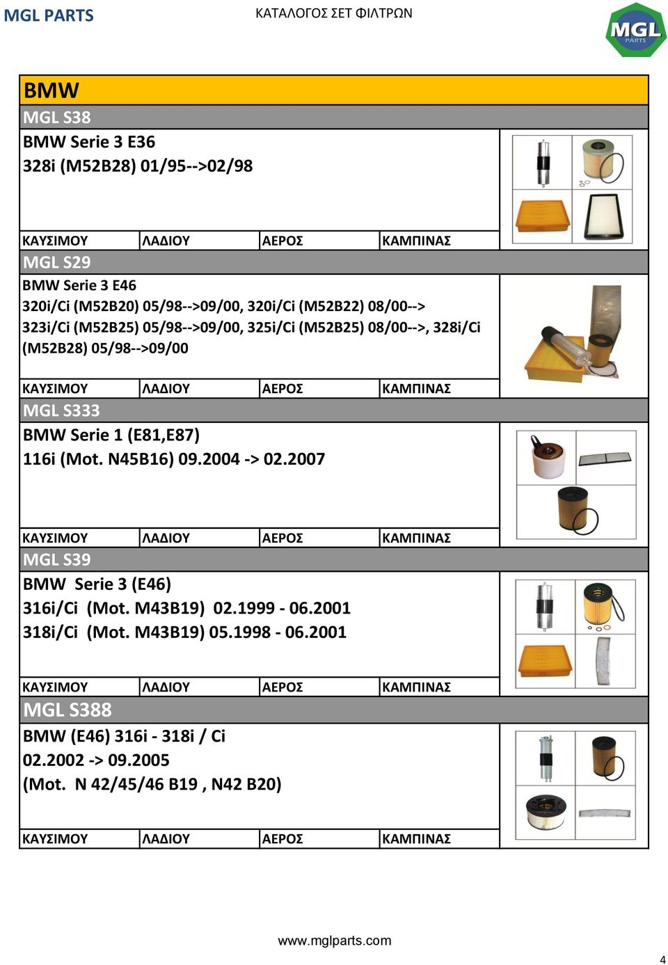 Serie 1 (E81,E87) 116i (Mot. N45B16) 09.2004 -> 02.2007 MGL S39 BMW Serie 3 (E46) 316i/Ci (Mot. M43B19) 02.1999-06.