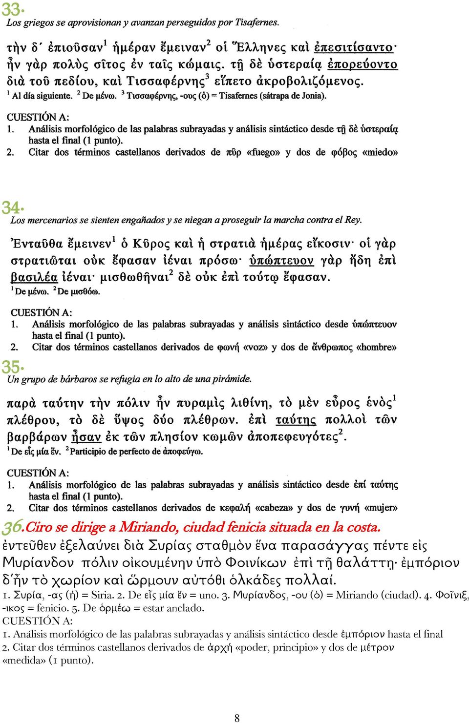 αὐτόθι ὁλκάδες πολλαί. 1. Συρία, -ας (ἡ) = Siria. 2. De εἷς μία ἕν = uno. 3. Μυρίανδος, -ου (ὁ) = Miriando (ciudad). 4. Φοῖνιξ, -ικος = fenicio. 5.