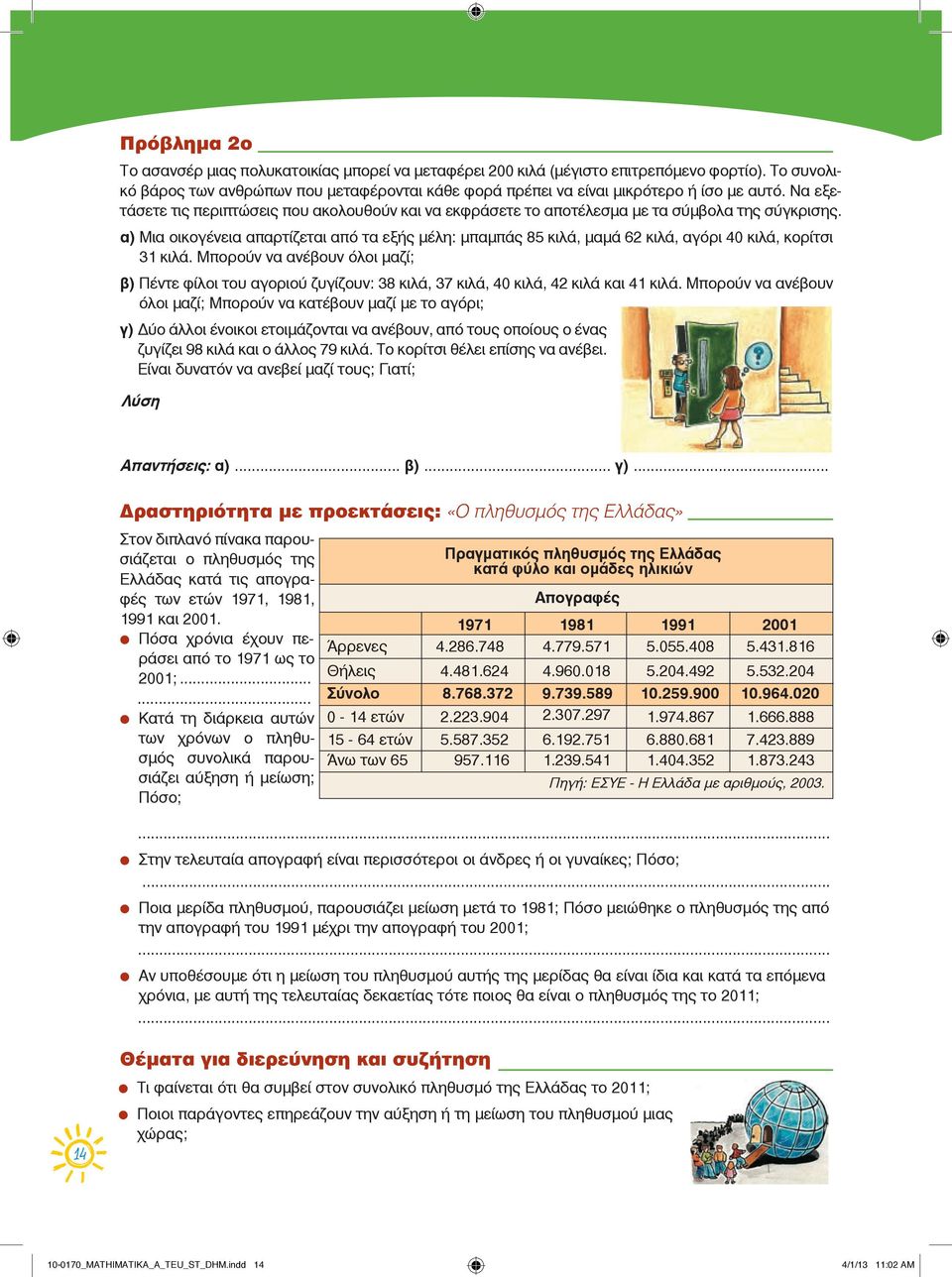 α) Μια οικογένεια απαρτίζεται από τα εξής μέλη: μπαμπάς 85 κιλά, μαμά 62 κιλά, αγόρι 40 κιλά, κορίτσι 31 κιλά.