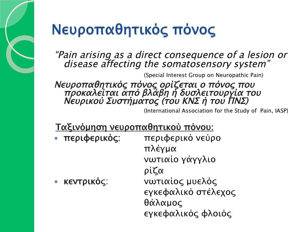Νευρικού Συστήµατος (του ΚΝΣ ή του ΠΝΣ) (International Association for the Study of Pain, IASP) Ταξινόµηση νευροπαθητικού