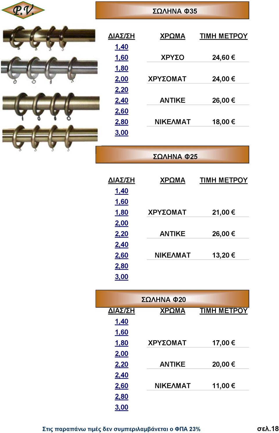 ΧΡΥΣΟΜΑΤ 21,00 2,00 2,20 ΑΝΤΙΚΕ 26,00 2,40 2,60 ΝΙΚΕΛΜΑΤ 13,20 2,80 3,00 ΣΩΛΗΝΑ Φ20 ΙΑΣ/ΣΗ XΡΩΜΑ