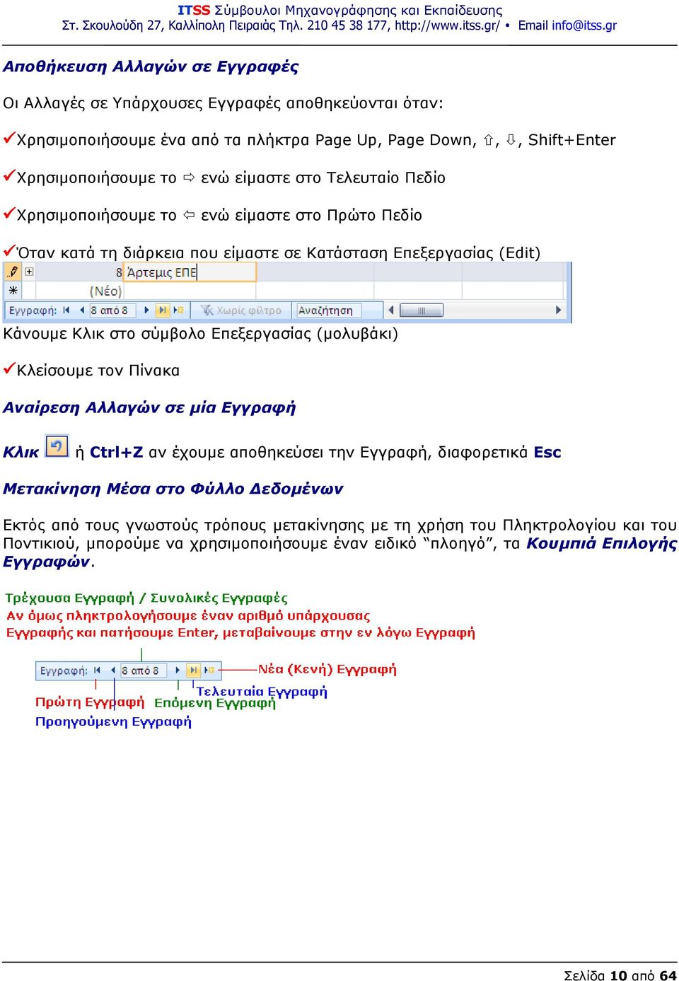 Επεξεργασίας (μολυβάκι) Κλείσουμε τον Πίνακα Αναίρεση Αλλαγών σε μία Εγγραφή Κλικ ή Ctrl+Z αν έχουμε αποθηκεύσει την Εγγραφή, διαφορετικά Esc Μετακίνηση Μέσα στο Φύλλο Δεδομένων