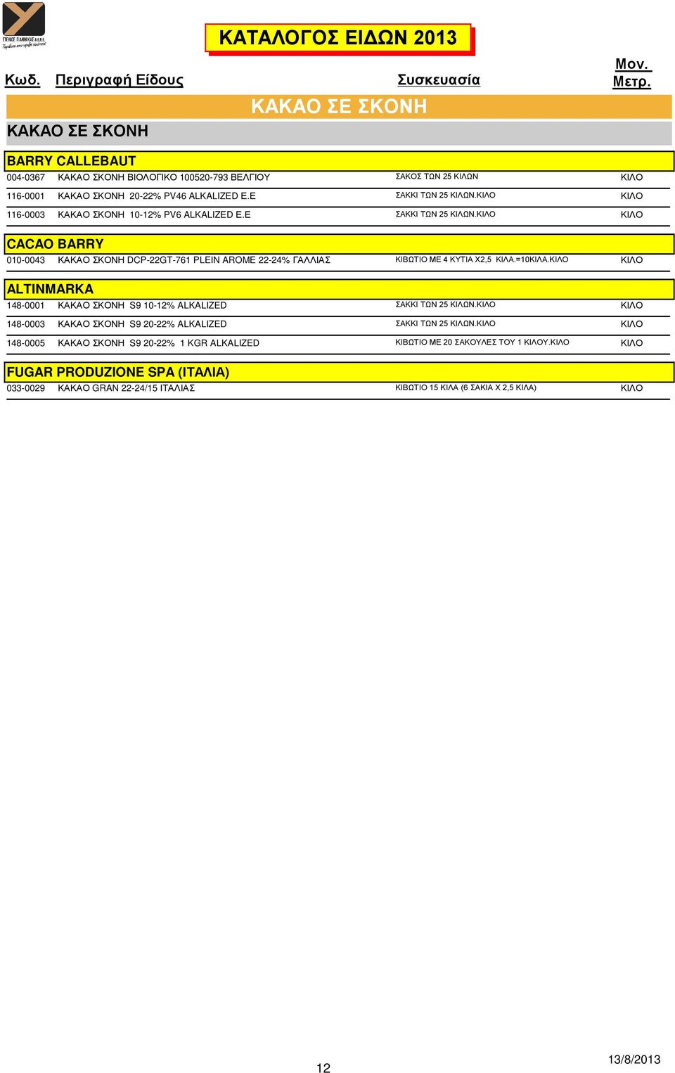 ΚΙΛΟ ΚΙΛΟ CACAO BARRY 010-0043 ΚΑΚΑΟ ΣΚΟΝΗ DCP-22GT-761 PLEIN AROME 22-24% ΓΑΛΛΙΑΣ ΚΙΒΩΤΙΟ ΜΕ 4 ΚΥΤΙΑ Χ2,5 ΚΙΛΑ.=10ΚΙΛΑ.