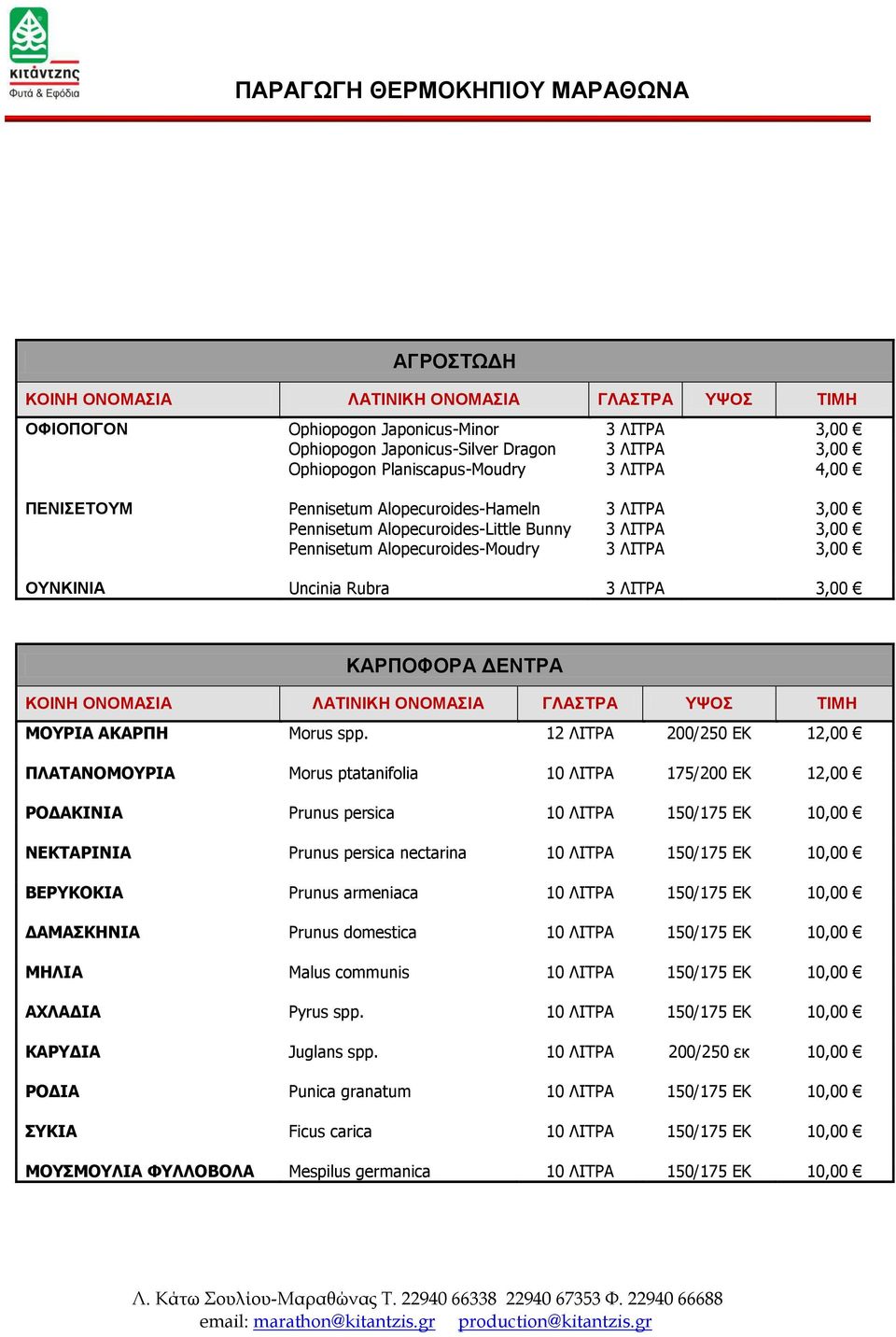 12 ΛΙΤΡΑ 200/250 ΕΚ 12,00 ΠΛΑΤΑΝΟΜΟΥΡΙΑ Morus ptatanifolia 10 ΛΙΤΡΑ 175/200 ΕΚ 12,00 ΡΟΔΑΚΙΝΙΑ Prunus persica 10 ΛΙΤΡΑ 150/175 ΕΚ 10,00 ΝΕΚΤΑΡΙΝΙΑ Prunus persica nectarina 10 ΛΙΤΡΑ 150/175 ΕΚ 10,00