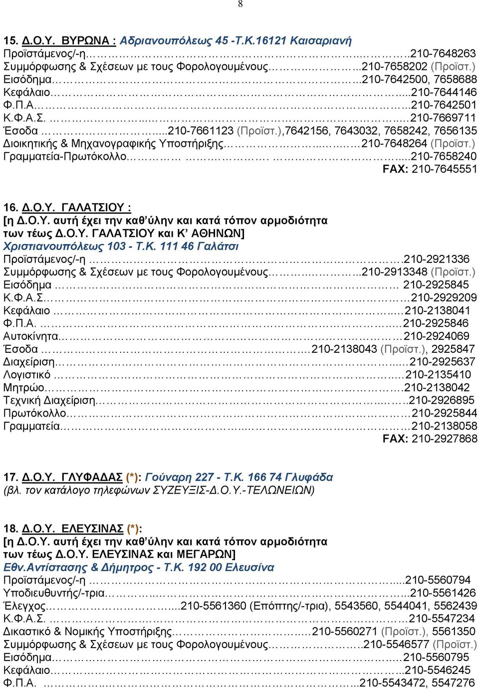 .... 210-7648264 (Προϊστ.) Γραμματεία-Πρωτόκολλο.....210-7658240 FAX: 210-7645551 16. Δ.O.Y. ΓAΛATΣIOY : των τέως Δ.Ο.Υ. ΓΑΛΑΤΣΙΟΥ και Κ ΑΘΗΝΩΝ] Xριστιανουπόλεως 103 - T.K.