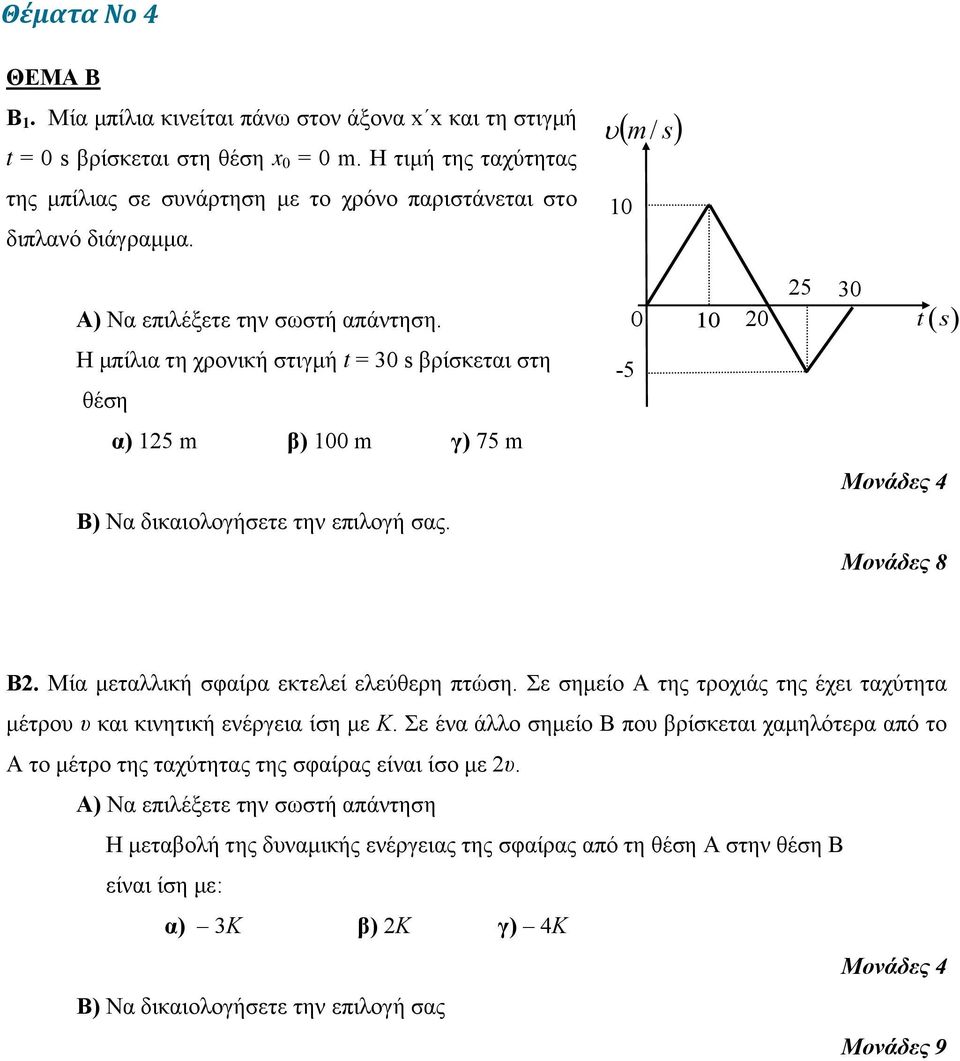 0 10 20 25 30 ts Η μπίλια τη χρονική στιγμή t = 30 s βρίσκεται στη θέση -5 α) 125 m β) 100 m γ) 75 m Β) Να δικαιολογήσετε την επιλογή σας. Μονάδες 8 Β2. Μία μεταλλική σφαίρα εκτελεί ελεύθερη πτώση.