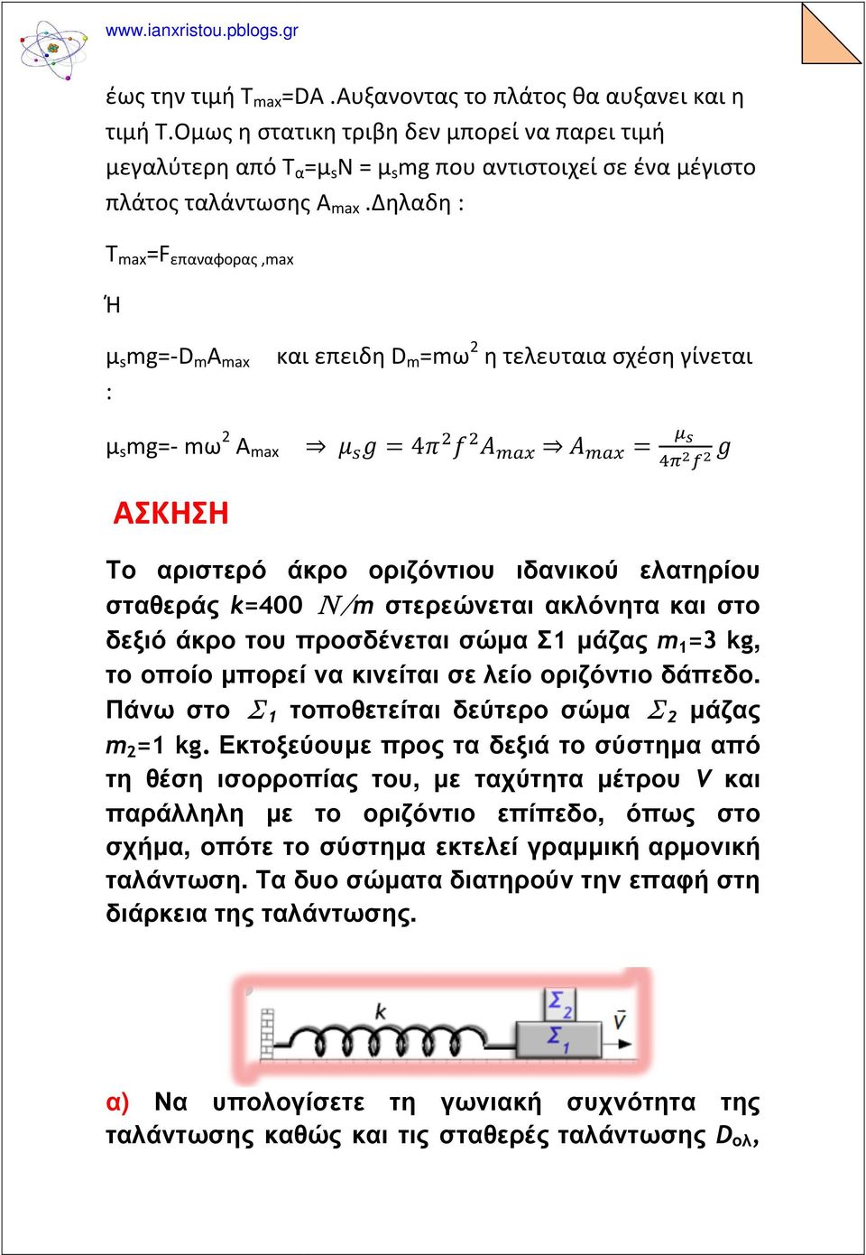 δηλαδη : Τ max =F επαναφορας,max Ή μ s mg=-d m A max : και επειδη D m =mω 2 η τελευταια σχέση γίνεται μ s mg=- mω 2 A max ΑΣΚΗΣΗ 4 Το αριστερό άκρο οριζόντιου ιδανικού ελατηρίου σταθεράς k=400 Ν/m