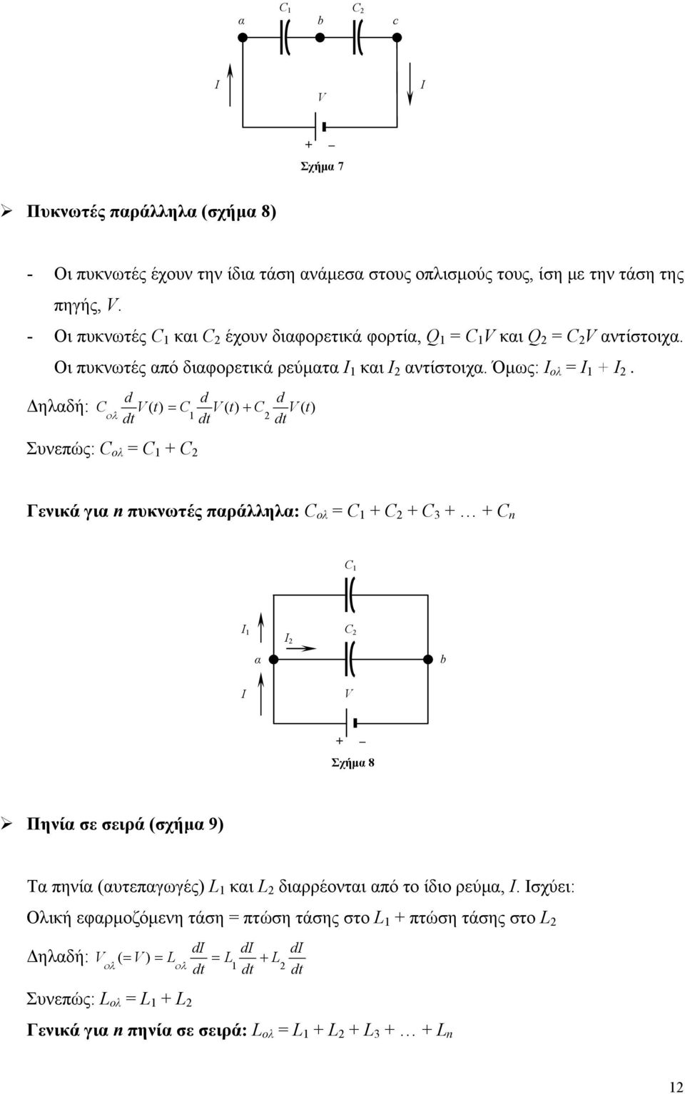 d Δηλαδή: ( t) = ( t) ( t) ολ Συνεπώς: ολ = d d Γενικά για n πυκνωτές παράλληλα: ολ = n α b Σχήμα 8 Πηνία σε σειρά (σχήμα 9) Τα πηνία (αυτεπαγωγές)