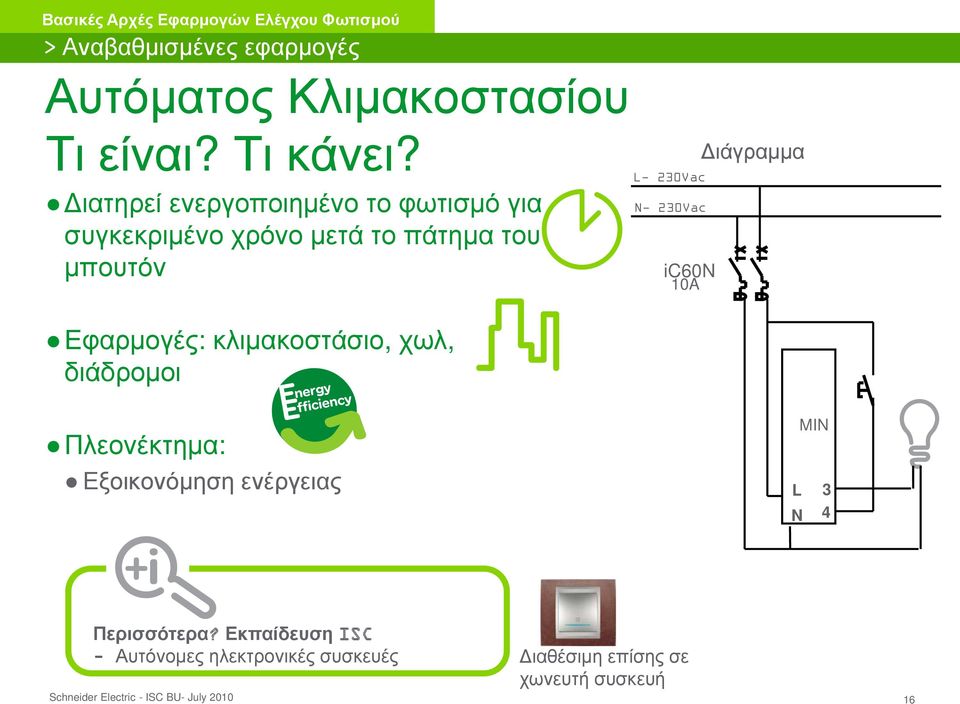 Εφαρμογές: κλιμακοστάσιο, χωλ, διάδρομοι - 230Vac - 230Vac ic60 10A Διάγραμμα Πλεονέκτημα: