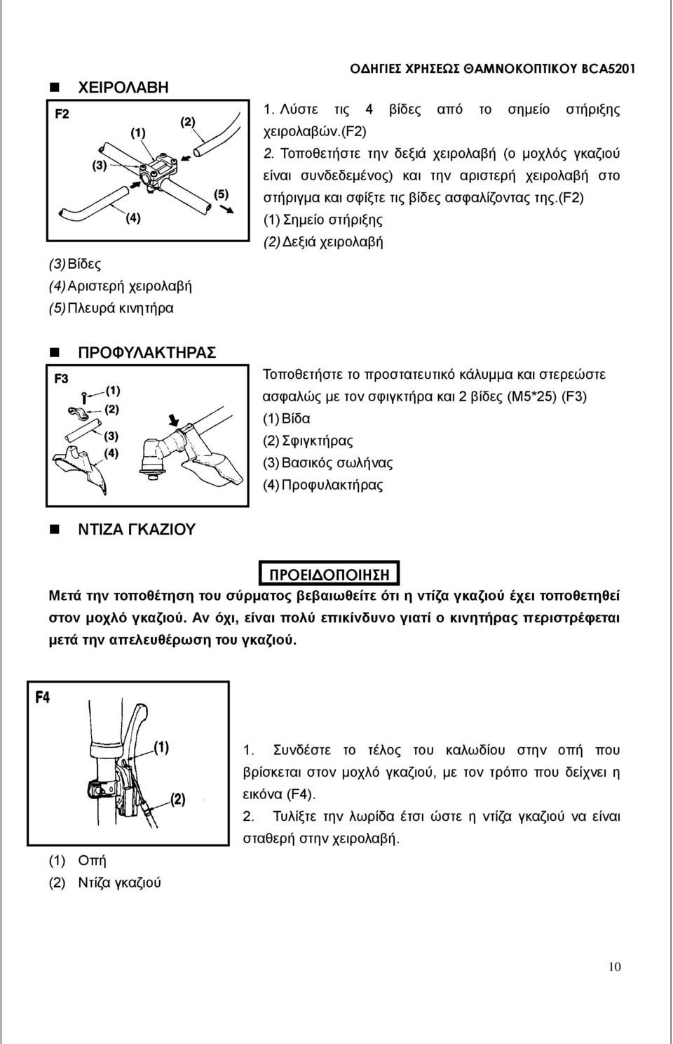 (f2) (1) Σημείο στήριξης (2) Δεξιά χειρολαβή ΠΡΟΦΥΛΑΚΤΗΡΑΣ Τοποθετήστε το προστατευτικό κάλυμμα και στερεώστε ασφαλώς με τον σφιγκτήρα και 2 βίδες (Μ5*25) (F3) (1) Βίδα (2) Σφιγκτήρας (3) Βασικός