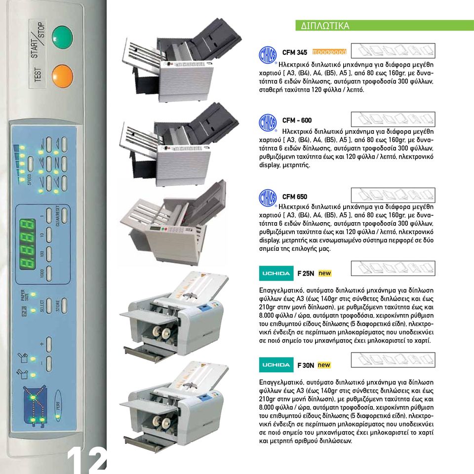 CFM - 600 Ηλεκτρικό διπλωτικό μηχάνημα για διάφορα μεγέθη χαρτιού [ Α3, (Β4), Α4, (Β5), Α5 ], από 80 εως 160gr, με δυνατότητα 6 ειδών δίπλωσης, αυτόματη τροφοδοσία 300 φύλλων, ρυθμιζόμενη ταχύτητα