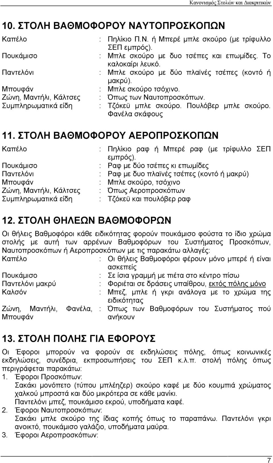 Πουλόβερ μπλε σκούρο. Φανέλα σκάφους 11. ΣΤΟΛΗ ΒΑΘΜΟΦΟΡΟΥ ΑΕΡΟΠΡΟΣΚΟΠΩΝ Καπέλο : Πηλίκιο ραφ ή Μπερέ ραφ (με τρίφυλλο ΣΕΠ εμπρός).