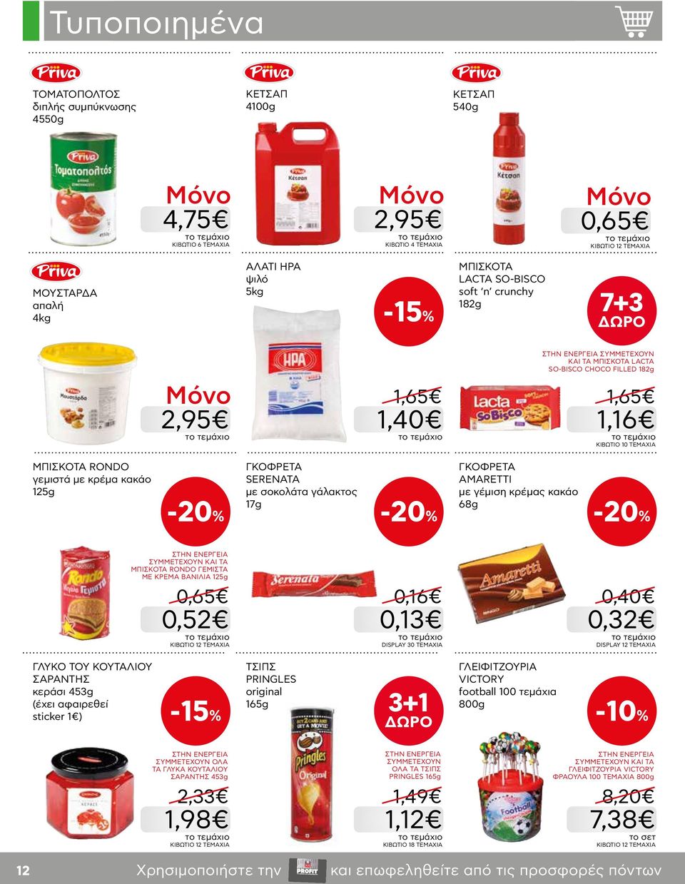 SERENATA με σοκολάτα γάλακτος 17g ΓKOΦPETA AMARETTI με γέμιση κρέμας κακάο 68g ΣΥΜΜΕΤΕΧΟΥΝ ΚΑΙ ΤΑ ΜΠΙΣΚΟΤΑ RONDO ΓΕΜΙΣΤΑ ΜΕ ΚΡΕΜΑ ΒΑΝΙΛΙΑ 125g 0,65 0,52 KΙΒΩΤΙΟ 12 ΤΕΜΑΧΙΑ 0,16 0,13 DISPLAY 30