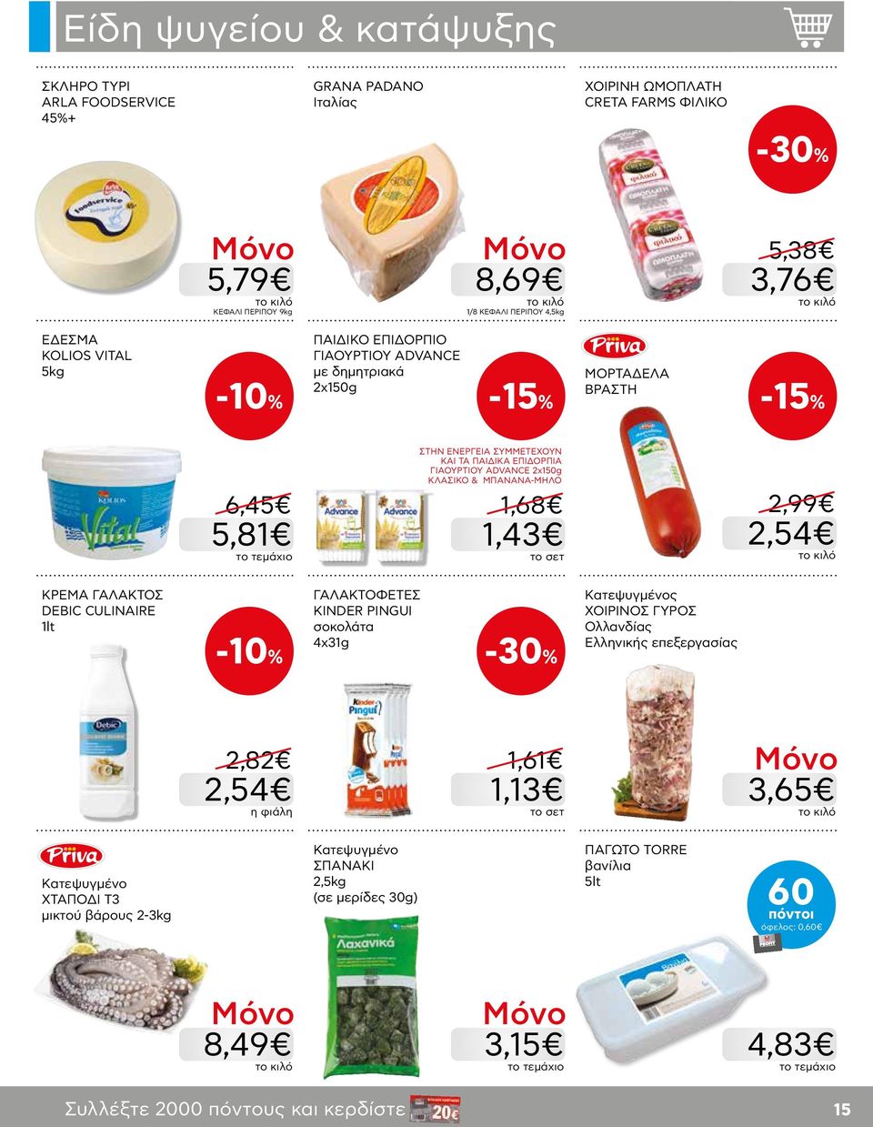 ΜΠΑΝΑΝΑ-ΜΗΛΟ 1,68 1,43 2,99 2,54 ΚΡΕΜΑ ΓΑΛΑΚΤΟΣ DEBIC CULINAIRE 1lt -10% ΓΑΛΑΚΤΟΦΕΤΕΣ KINDER PINGUI σοκολάτα 4x31g -30% Κατεψυγμένος ΧΟΙΡΙΝΟΣ ΓΥΡΟΣ Ολλανδίας Ελληνικής επεξεργασίας 2,82 2,54