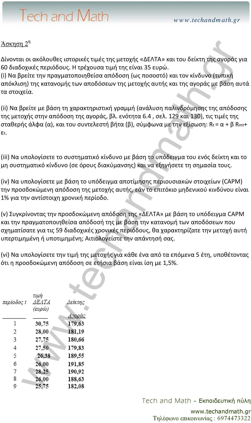 () Να βρείτε με βάση τη χαρακτηριστική γραμμή (ανάλυση παλινδρόμησης της απόδοσης της μετοχής στην απόδοση της αγοράς, βλ. ενότητα 6.4, σελ.