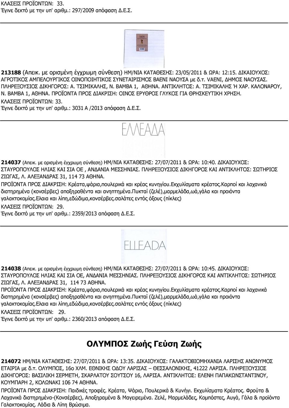 ΚΑΛΟΝΑΡΟΥ, Ν. ΒΑΜΒΑ 1, ΑΘΗΝΑ. ΠΡΟΪΟΝΤΑ ΠΡΟΣ ΔΙΑΚΡΙΣΗ: ΟΙΝΟΣ ΕΡΥΘΡΟΣ ΓΛΥΚΟΣ ΓΙΑ ΘΡΗΣΚΕΥΤΙΚΗ ΧΡΗΣΗ. ΚΛΑΣΕΙΣ ΠΡΟΪΟΝΤΩΝ: 33. Έγινε δεκτό με την υπ' αριθμ.: 3031 Α /2013 απόφαση Δ.Ε.Σ. 214037 (Απεικ.