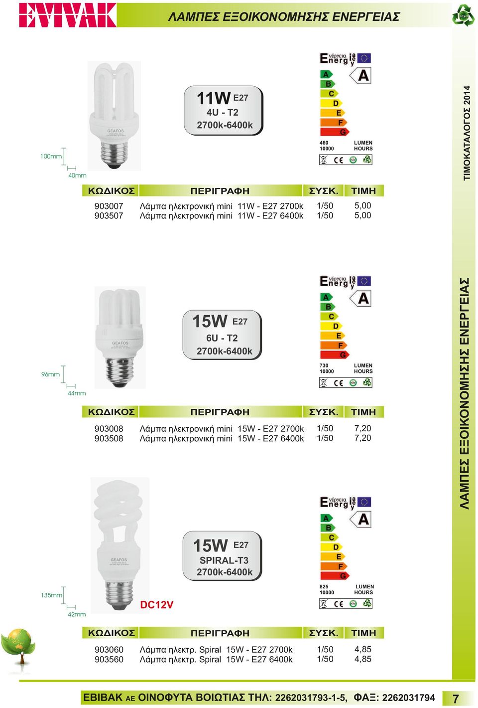 50Hz E14 495lm 96mm 44mm 903008 903508 Λάμπα ηλεκτρονική mini 15W - Ε27 2700k Λάμπα ηλεκτρονική mini 15W - E27 6400k 7,20 7,20 15W E27 SPIRAL-T3 2700k-6400k GEAFOS