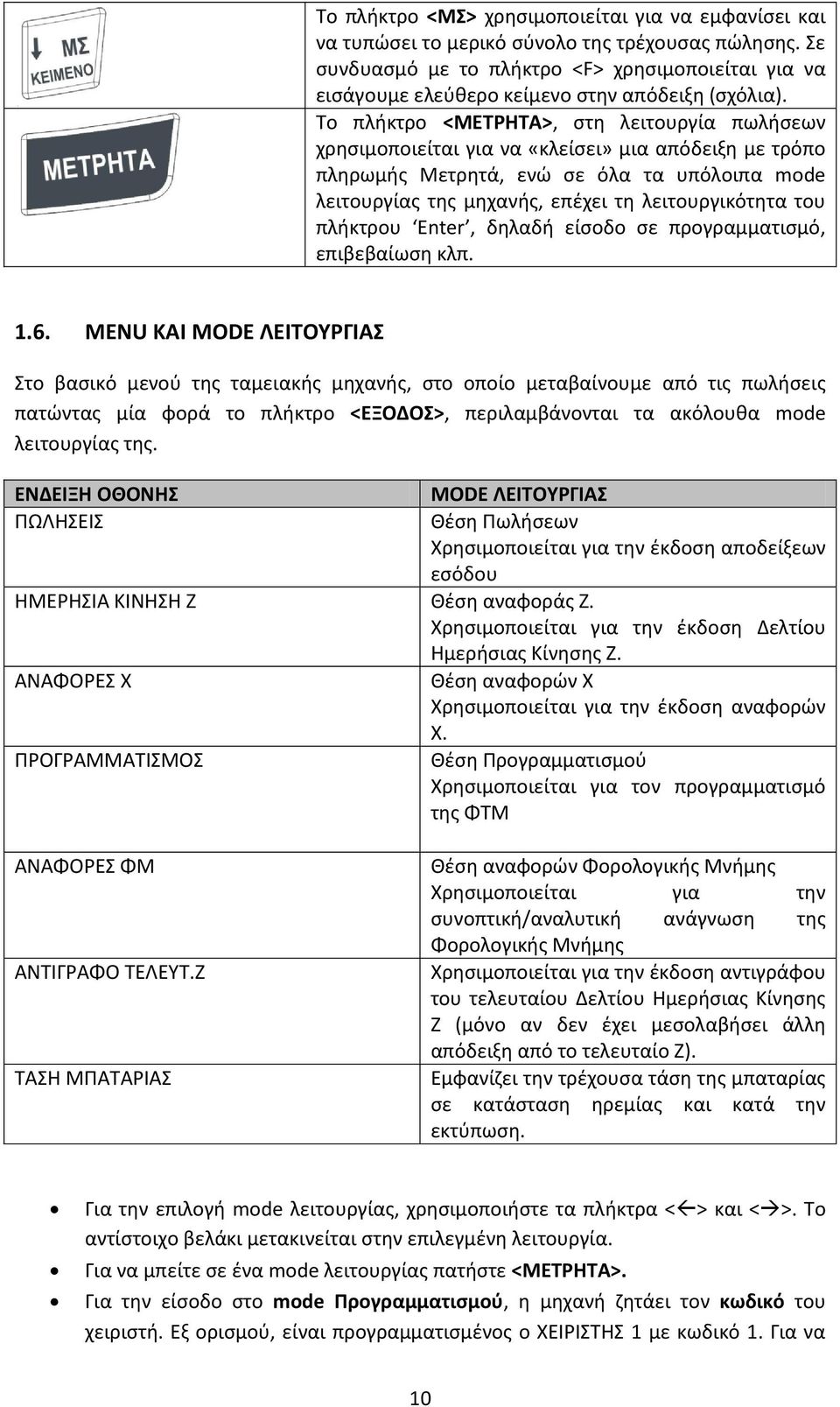 Το πλήκτρο <ΜΕΤΡΗΤΑ>, στη λειτουργία πωλήσεων χρησιμοποιείται για να «κλείσει» μια απόδειξη με τρόπο πληρωμής Μετρητά, ενώ σε όλα τα υπόλοιπα mode λειτουργίας της μηχανής, επέχει τη λειτουργικότητα