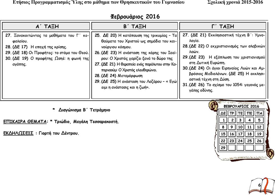 (ΔΕ 21) Η θεραπεία ενός παράλυτου στην Καπερναούμ: Ο Χριστός ελευθερώνει. 28. (ΔΕ 24) Μεταμόρφωση 29. (ΔΕ 25) Η ανάσταση του Λαζάρου «Εγώ ειμι η ανάστασις και η ζωή». 27.