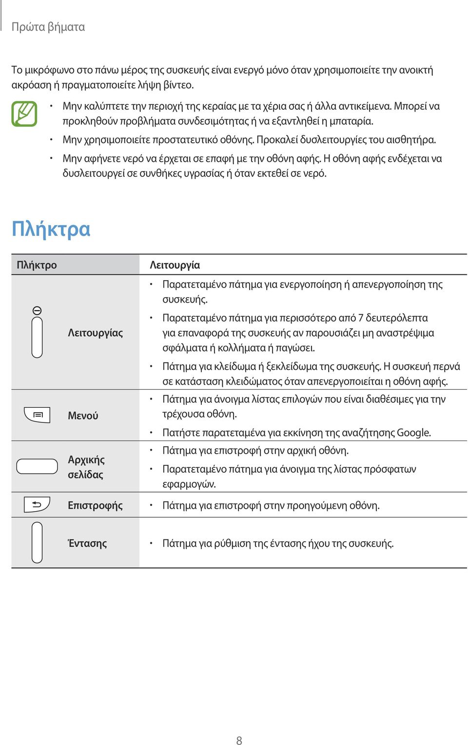 Προκαλεί δυσλειτουργίες του αισθητήρα. Μην αφήνετε νερό να έρχεται σε επαφή με την οθόνη αφής. Η οθόνη αφής ενδέχεται να δυσλειτουργεί σε συνθήκες υγρασίας ή όταν εκτεθεί σε νερό.