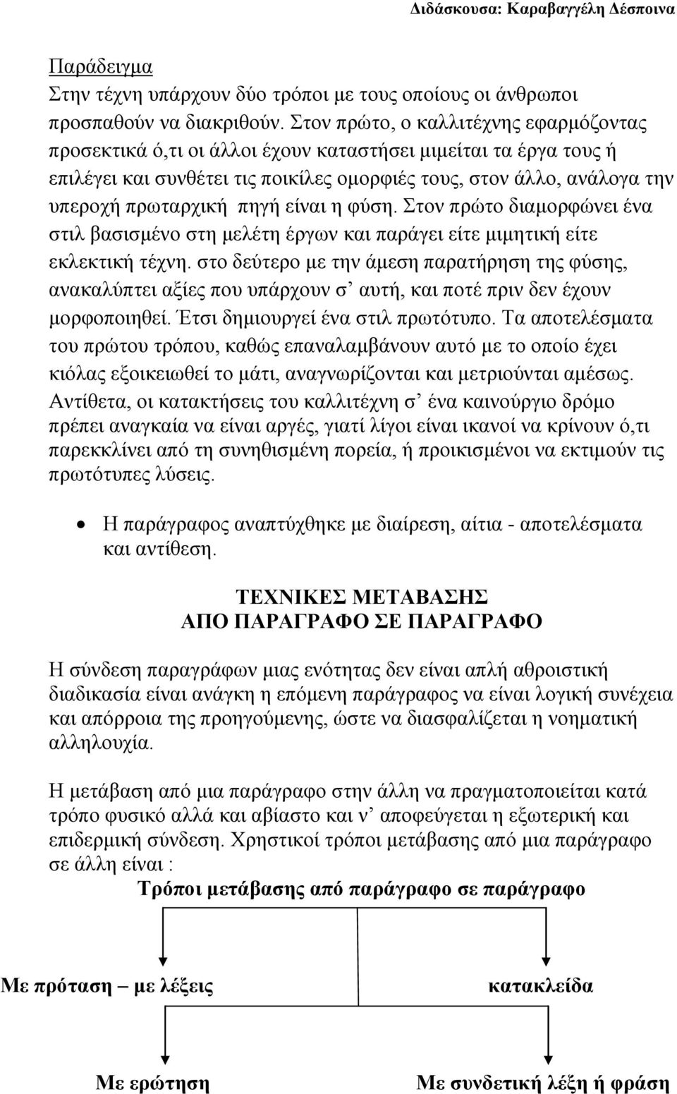 πηγή είναι η φύση. Στον πρώτο διαμορφώνει ένα στιλ βασισμένο στη μελέτη έργων και παράγει είτε μιμητική είτε εκλεκτική τέχνη.