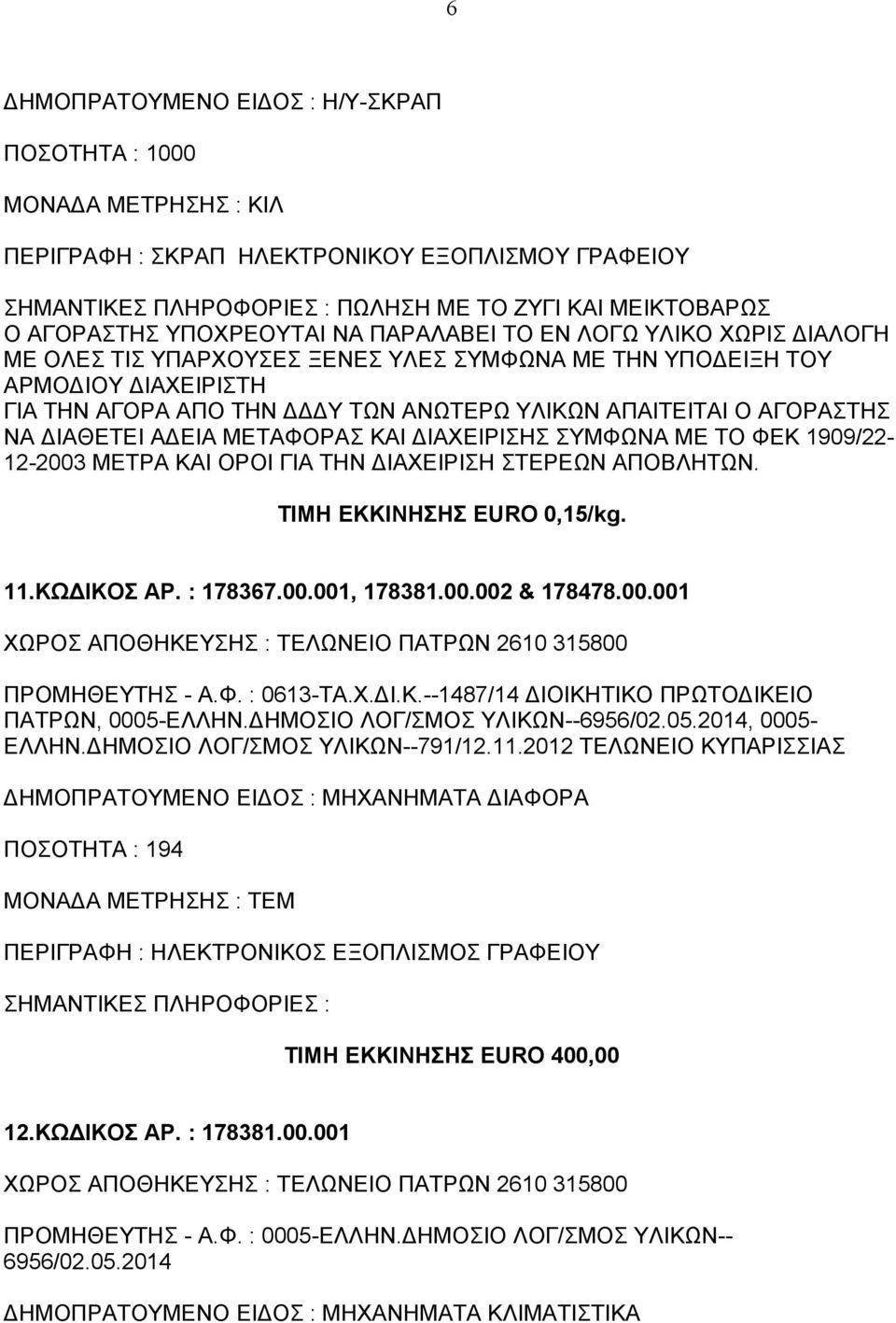 ΔΙΑΧΕΙΡΙΣΗΣ ΣΥΜΦΩΝΑ ΜΕ ΤΟ ΦΕΚ 1909/22-12-2003 ΜΕΤΡΑ ΚΑΙ ΟΡΟΙ ΓΙΑ ΤΗΝ ΔΙΑΧΕΙΡΙΣΗ ΣΤΕΡΕΩΝ ΑΠΟΒΛΗΤΩΝ. ΤΙΜΗ ΕΚΚΙΝΗΣΗΣ EURO 0,15/kg. 11.ΚΩΔΙΚΟΣ ΑΡ. : 178367.00.001, 178381.00.002 & 178478.00.001 ΧΩΡΟΣ ΑΠΟΘΗΚΕΥΣΗΣ : ΤΕΛΩΝΕΙΟ ΠΑΤΡΩΝ 2610 315800 ΠΡΟΜΗΘΕΥΤΗΣ - Α.