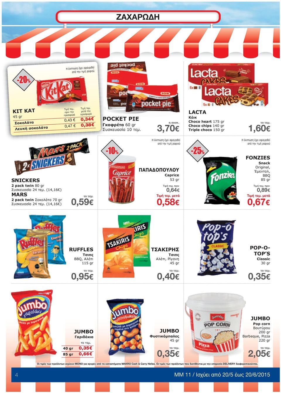 (14,16 ) 0,59 ΠΑΠΑ ΟΠΟΥΛΟΥ Caprice 53 gr 0,64 0,58-25% FONZIES Snack Original, Έµενταλ, BBQ 85 gr 0,89 0,67 RUFFLES Tσιπς ΒΒQ, Αλάτι 115 gr ΤΣΑΚΙΡΗΣ Tσιπς Αλάτι, Ρίγανη 45 gr