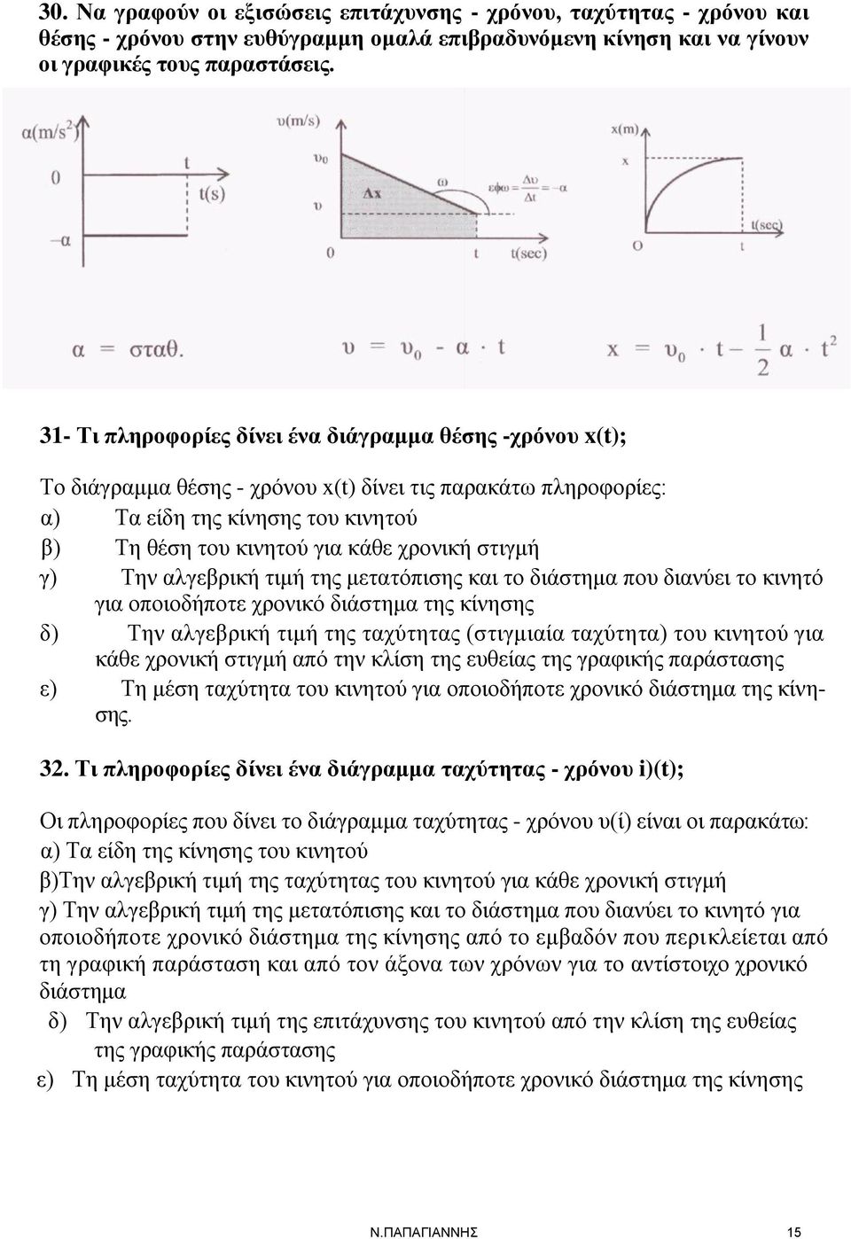 στιγμή γ) Την αλγεβρική τιμή της μετατόπισης και το διάστημα που διανύει το κινητό για οποιοδήποτε χρονικό διάστημα της κίνησης δ) Την αλγεβρική τιμή της ταχύτητας (στιγμιαία ταχύτητα) του κινητού